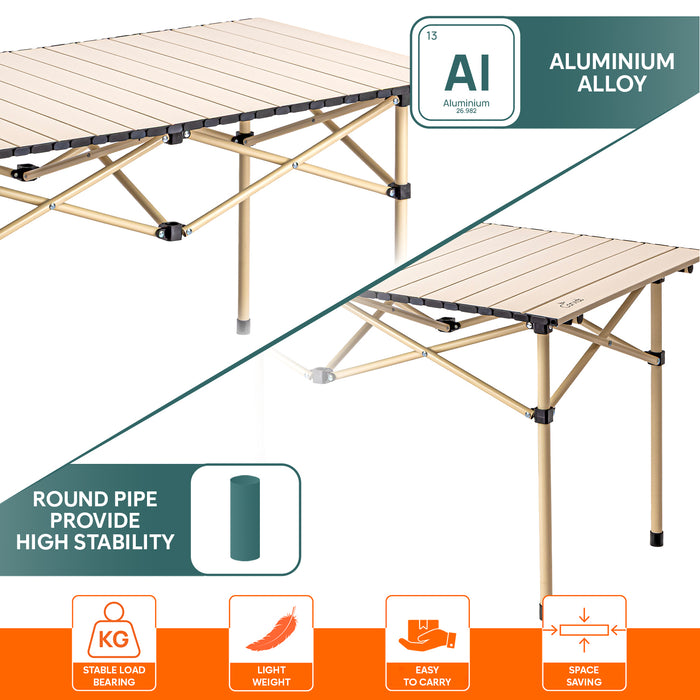 Corvids Multipurpose Folding Camping Table with Roll-up Tabletop | Compact & Portable | Best for Hiking, Picnic, Garden, BBQ & Outdoor Use (Khaki, Large)
