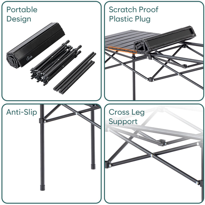 Corvids Multipurpose Folding Camping Table with Roll-up Tabletop | Compact & Portable | Best for Hiking, Picnic, Garden, BBQ & Outdoor Use (Black, Large)