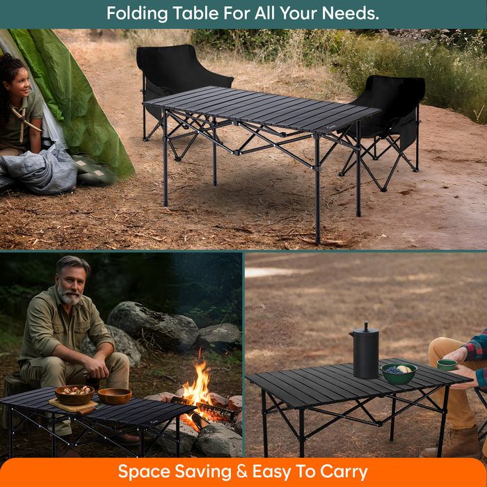 Corvids Multipurpose Folding Camping Table with Roll-up Tabletop | Compact & Portable | Best for Hiking, Picnic, Garden, BBQ & Outdoor Use (Black, Large)