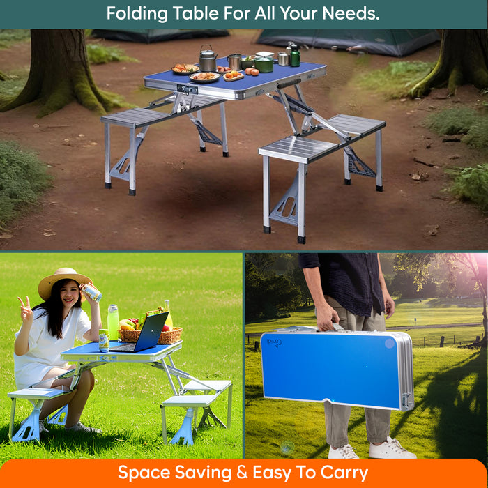Corvids Folding All-in-One Aluminium Table Chair Combo Compact Foldable Set for Camping, Picnic, Garden, Outdoor Indoor Use (Blue)