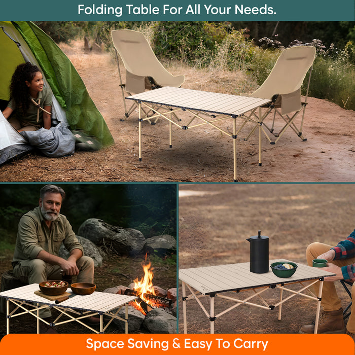 Corvids Multipurpose Folding Camping Table with Roll-up Tabletop | Compact & Portable | Best for Hiking, Picnic, Garden, BBQ & Outdoor Use (Khaki, Large)