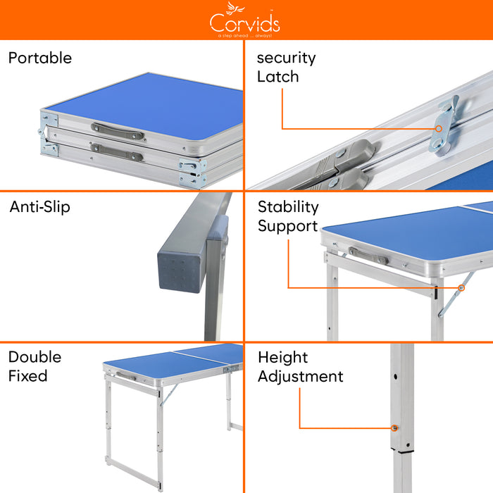 Corvids 6 Feet Multipurpose Aluminium Folding Camping Table with Carrying Handle (Blue)