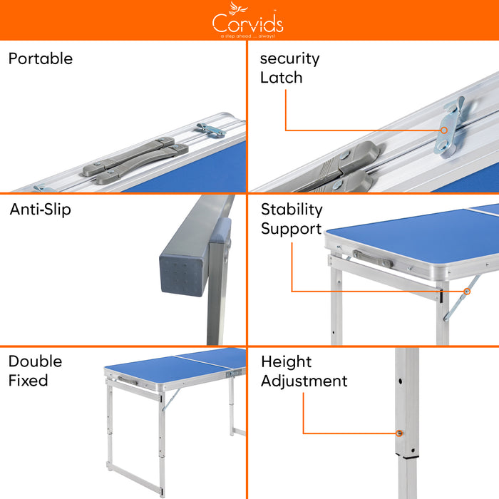 Corvids 4 Feet Multipurpose Aluminium Folding Camping Table with Carrying Handle (Blue)