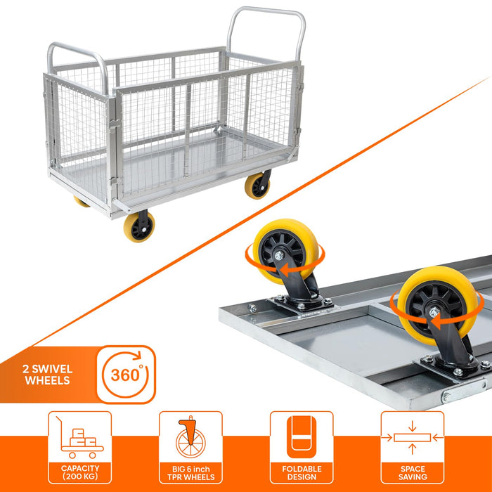 Corvids Metal Hand Platform Trolley/Truck with Cage| 2-Year Warranty | Portable & Compact Industrial Dolly Cart with 360 Rotating Wheels for Home, Office & Warehouse Use