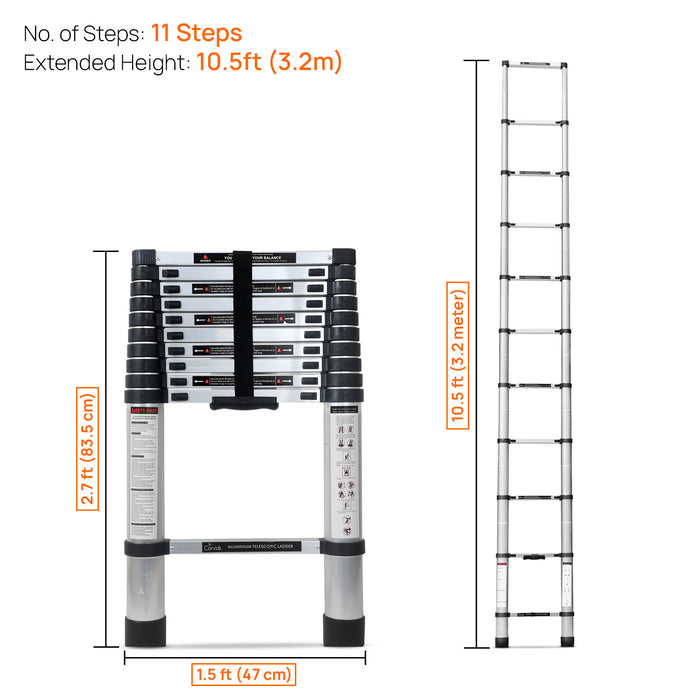 Corvids 3.2m (10.5 feet) Portable & Compact Aluminum Telescopic Ladder
