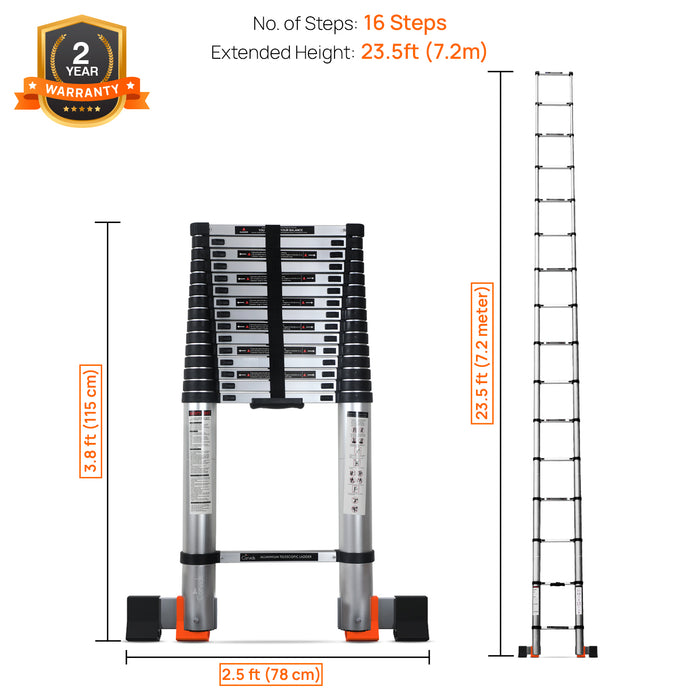 Corvids 7.2m (23.5 feet) Portable & Compact Telescopic Ladder with Folding Stablizer Bar