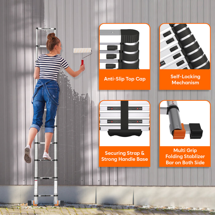 Corvids 7.2m (23.5 feet) Portable & Compact Telescopic Ladder with Folding Stablizer Bar