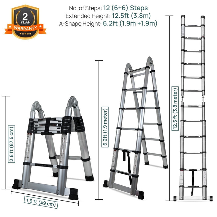 Corvids Portable and Compact 12.5 ft A-Type Aluminium Telescopic Ladder with 12 Steps