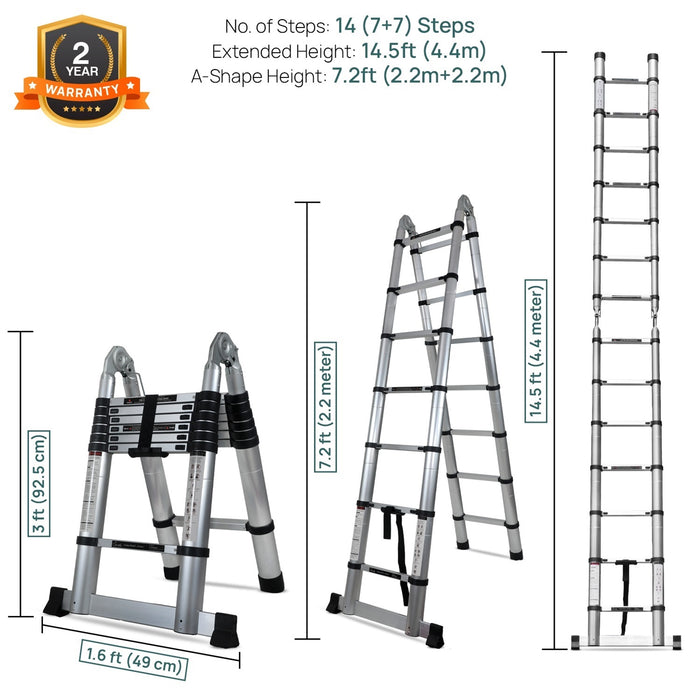 Corvids Portable and Compact 14.5 feet A-Type Aluminium Telescopic Ladder