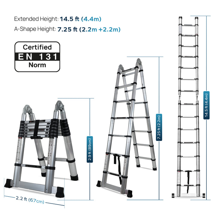 Corvids Portable and Compact 14.5 feet A-Type Aluminium Telescopic Ladder