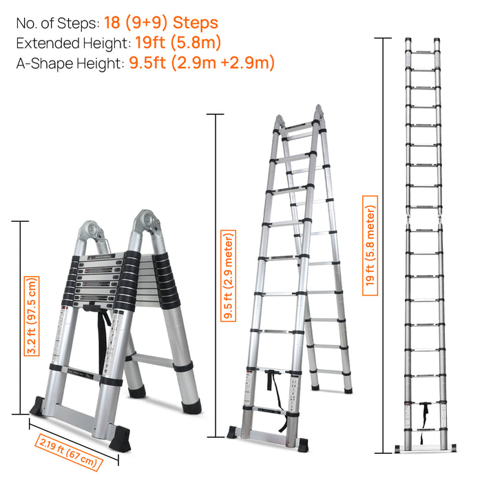 Corvids Portable and Compact 19 ft A Type Aluminium Telescopic Ladder with 18 Steps