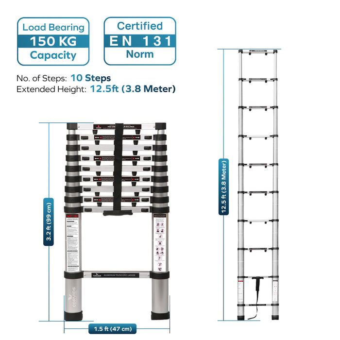 Corvids 3.8m (12.5 ft) Portable & Compact Finger Protect Aluminium Telescopic Ladder