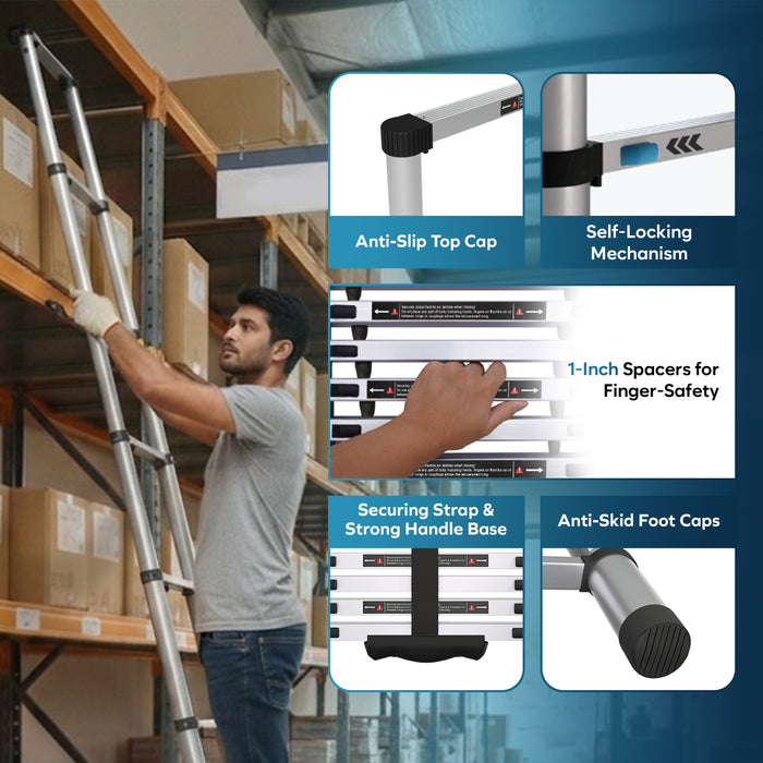 Corvids 3.8m (12.5 ft) Portable & Compact Finger Protect Aluminium Telescopic Ladder