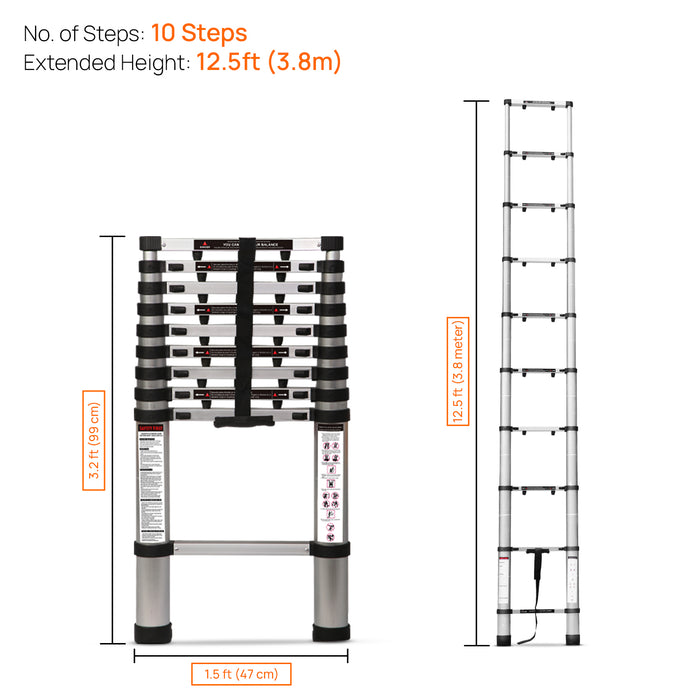 Corvids 3.8m (12.5 ft) Portable & Compact Finger Protect Aluminium Telescopic Ladder