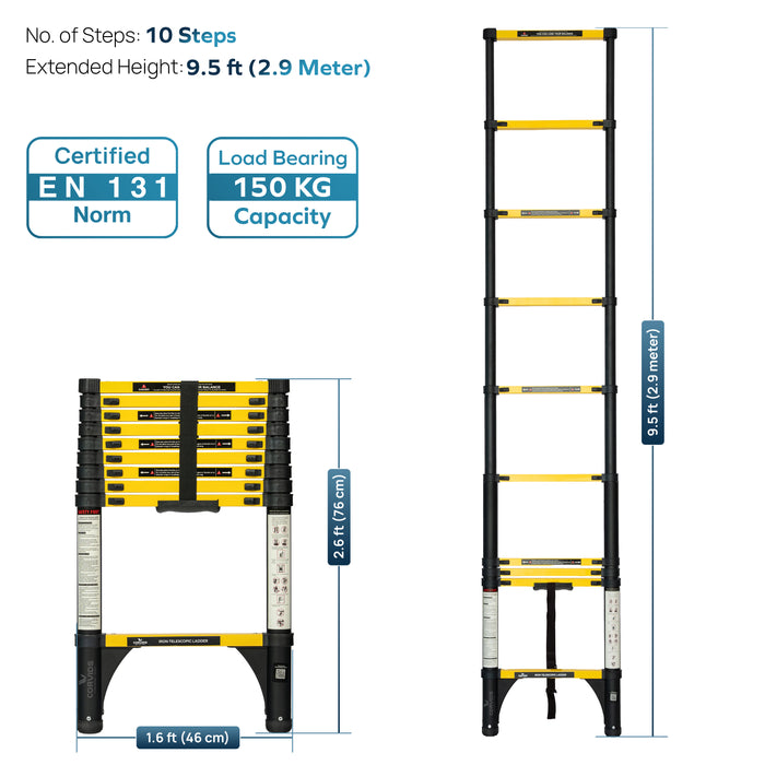 Corvids 2.9m (9.5 Ft) Iron Telescopic Ladder for Home, Warehouse & Outdoor Use