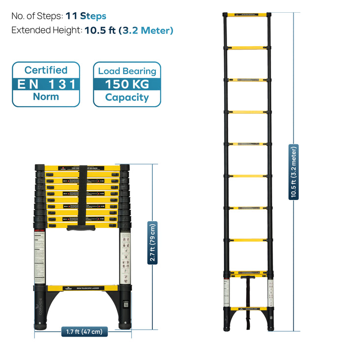 Corvids 3.2m (10.5 Ft) Iron Telescopic Ladder for Home, Warehouse & Outdoor Use