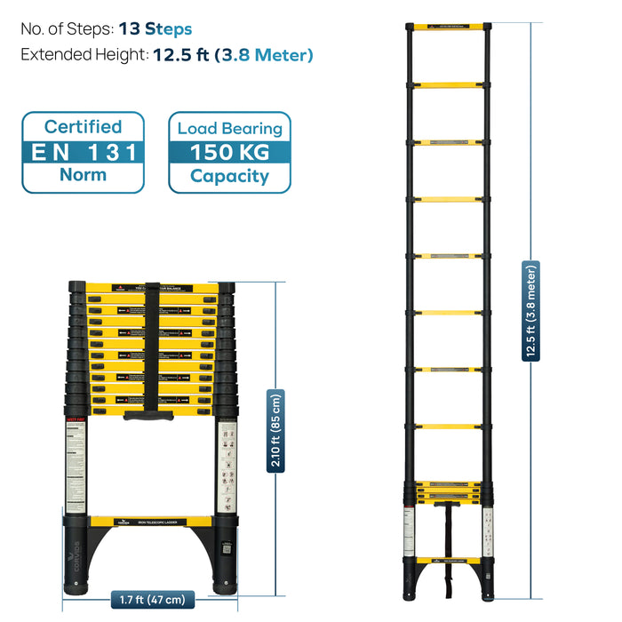 Corvids 3.8m (12.5 Ft) Iron Telescopic Ladder for Home, Warehouse & Outdoor Use