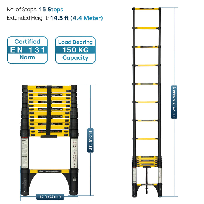 Corvids 4.4m (14.5 Ft) Iron Telescopic Ladder for Home, Warehouse & Outdoor Use