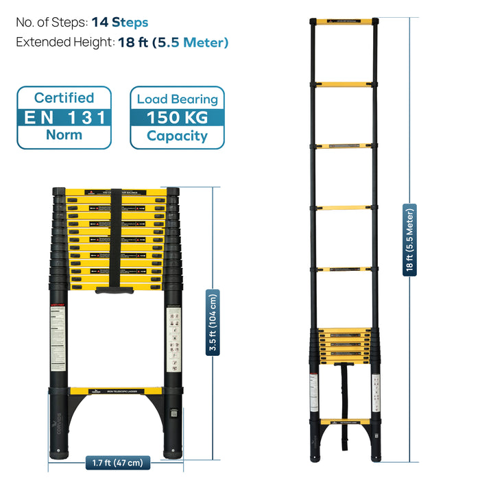 Corvids 5.5m (18 Ft) Iron Telescopic Ladder for Home, Warehouse & Outdoor Use