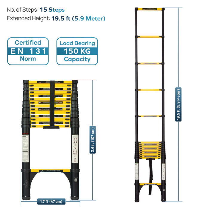 Corvids 5.9m (19.5 Ft) Iron Telescopic Ladder for Home, Warehouse & Outdoor Use