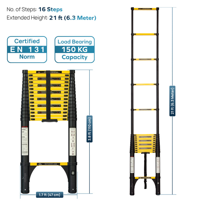 Corvids 6.3m (21 Ft) Iron Telescopic Ladder for Home, Warehouse & Outdoor Use