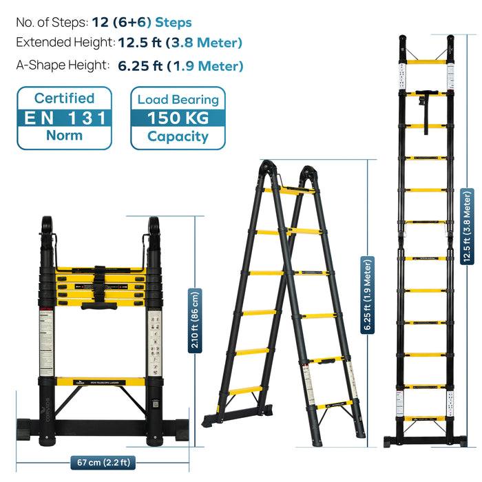 Corvids 3.8m (12.5 Ft) Foldable A-Type Iron Telescopic Ladder for Home, Industrial & Warehouse Use