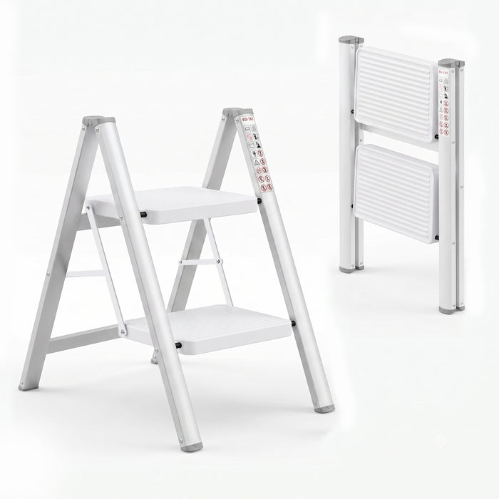 Corvids 2-Step Heavy-Duty Carbon Steel Step Stool, 2-Year Warranty, Anti-Slip Wide Steps, Portable Multipurpose Folding Step Ladder for Home, Kitchen & Office Use (White)