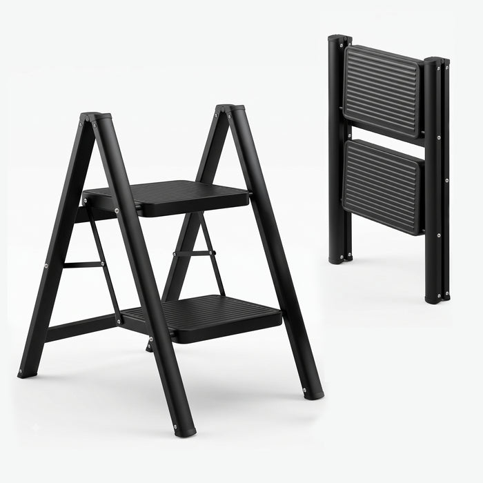 Corvids 2-Step Heavy-Duty Carbon Steel Step Stool, 2-Year Warranty, Anti-Slip Wide Steps, Portable Multipurpose Folding Step Ladder for Home, Kitchen & Office Use (Black )