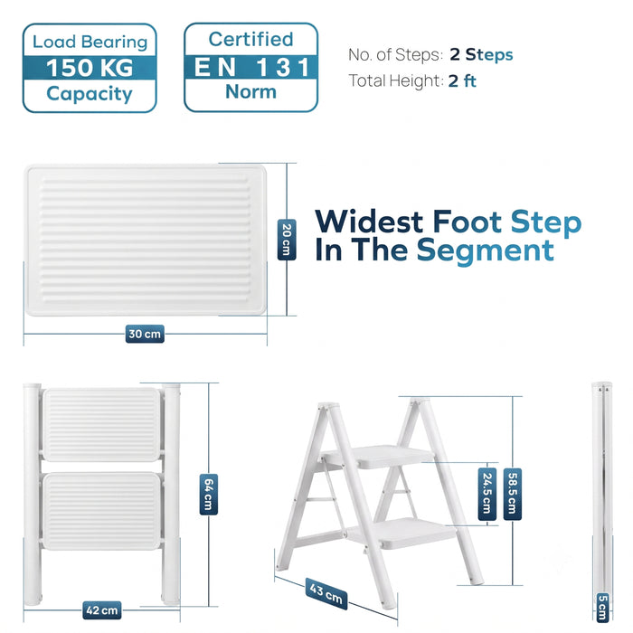 Corvids 2-Step Heavy-Duty Carbon Steel Step Stool, 2-Year Warranty, Anti-Slip Wide Steps, Portable Multipurpose Folding Step Ladder for Home, Kitchen & Office Use (White)
