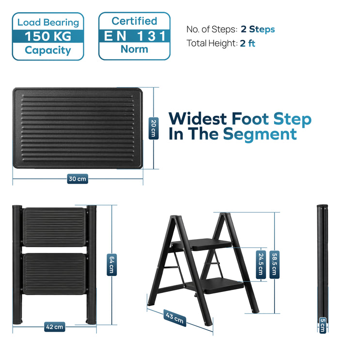 Corvids 2-Step Heavy-Duty Carbon Steel Step Stool, 2-Year Warranty, Anti-Slip Wide Steps, Portable Multipurpose Folding Step Ladder for Home, Kitchen & Office Use (Black )