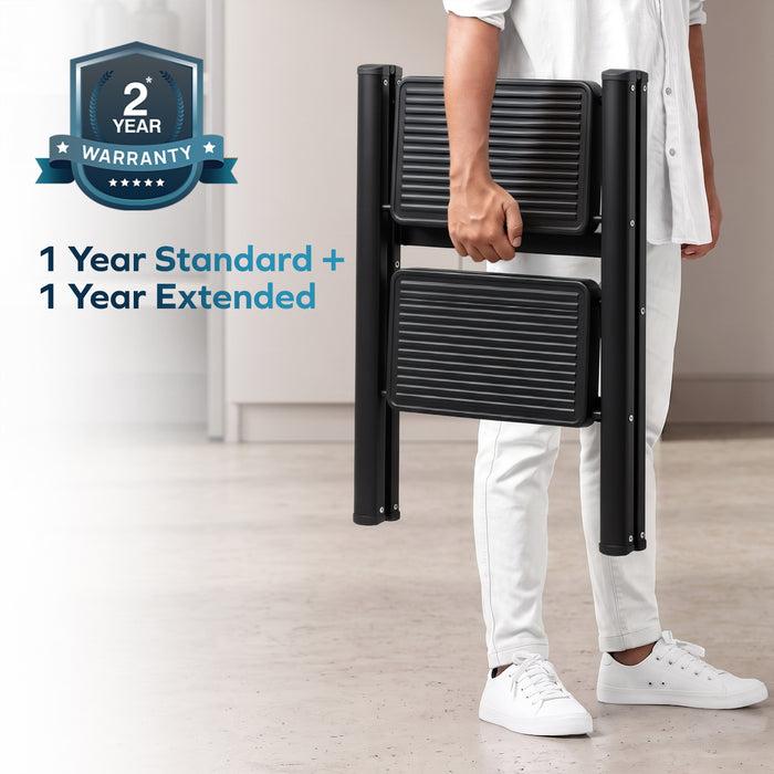 Corvids 2-Step Heavy-Duty Carbon Steel Step Stool, 2-Year Warranty, Anti-Slip Wide Steps, Portable Multipurpose Folding Step Ladder for Home, Kitchen & Office Use (Black )
