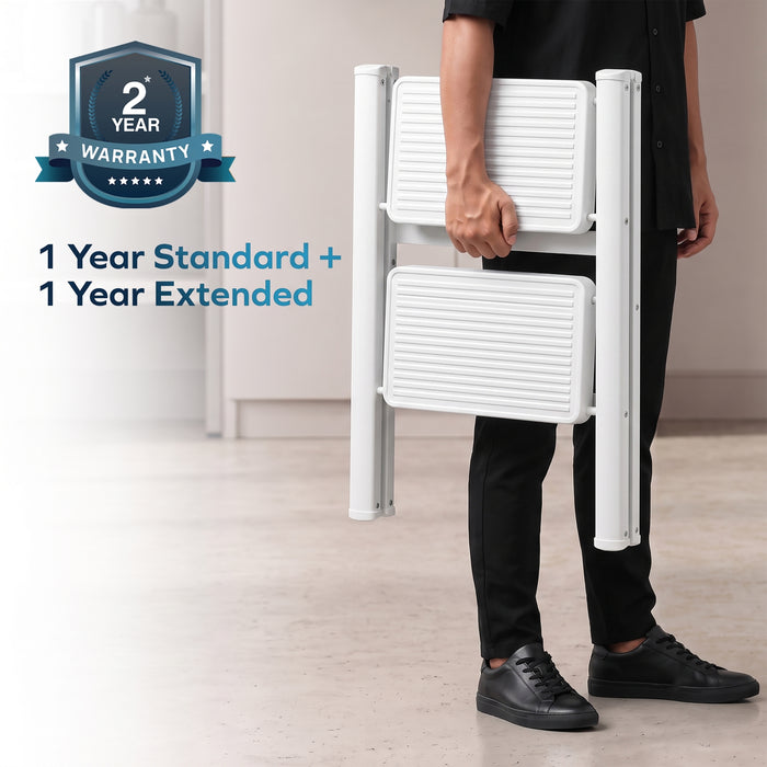 Corvids 2-Step Heavy-Duty Carbon Steel Step Stool, 2-Year Warranty, Anti-Slip Wide Steps, Portable Multipurpose Folding Step Ladder for Home, Kitchen & Office Use (White)