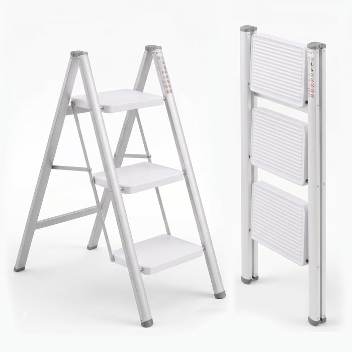 Corvids 3-Step Heavy-Duty Carbon Steel Step Stool, 2-Year Warranty, Anti-Slip Wide Steps, Portable Multipurpose Folding Step Ladder for Home, Kitchen & Office Use (White)