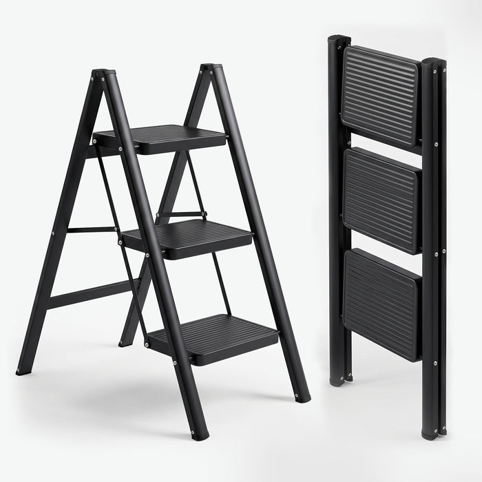 Corvids 3-Step Heavy-Duty Carbon Steel Step Stool, 2-Year Warranty, Anti-Slip Wide Steps, Portable Multipurpose Folding Step Ladder for Home, Kitchen & Office Use (Black )