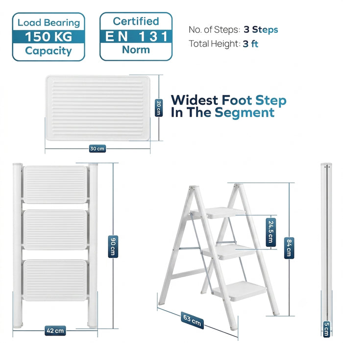 Corvids 3-Step Heavy-Duty Carbon Steel Step Stool, 2-Year Warranty, Anti-Slip Wide Steps, Portable Multipurpose Folding Step Ladder for Home, Kitchen & Office Use (White)