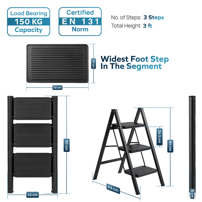 Corvids 3-Step Heavy-Duty Carbon Steel Step Stool, 2-Year Warranty, Anti-Slip Wide Steps, Portable Multipurpose Folding Step Ladder for Home, Kitchen & Office Use (Black )