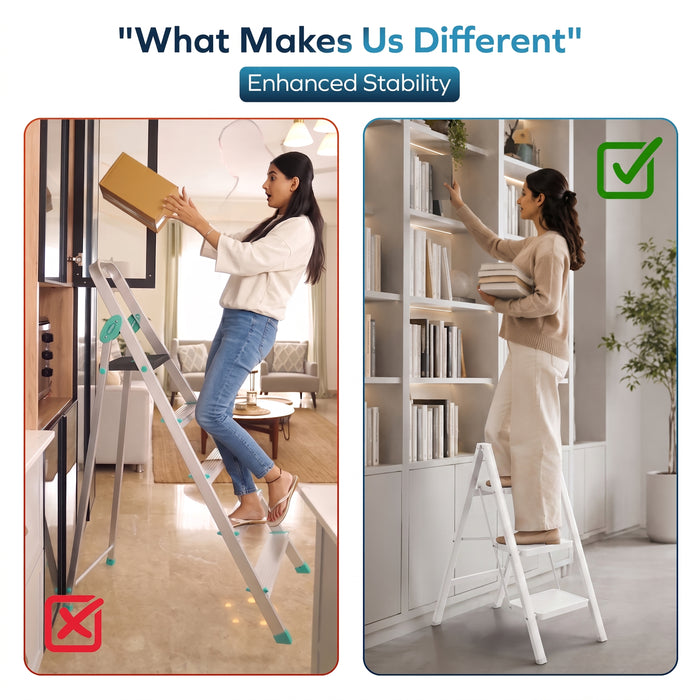 Corvids 3-Step Heavy-Duty Carbon Steel Step Stool, 2-Year Warranty, Anti-Slip Wide Steps, Portable Multipurpose Folding Step Ladder for Home, Kitchen & Office Use (White)