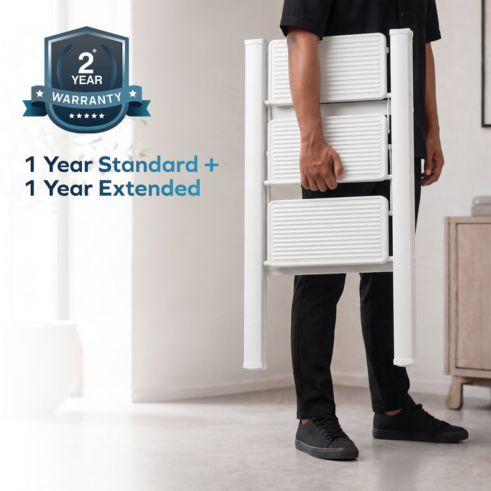 Corvids 3-Step Heavy-Duty Carbon Steel Step Stool, 2-Year Warranty, Anti-Slip Wide Steps, Portable Multipurpose Folding Step Ladder for Home, Kitchen & Office Use (White)
