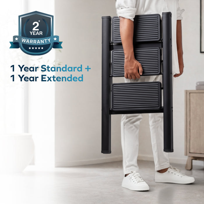 Corvids 3-Step Heavy-Duty Carbon Steel Step Stool, 2-Year Warranty, Anti-Slip Wide Steps, Portable Multipurpose Folding Step Ladder for Home, Kitchen & Office Use (Black )
