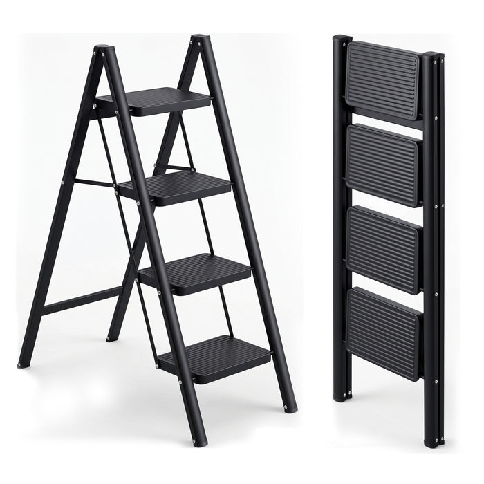 Corvids 4-Step Heavy-Duty Carbon Steel Step Stool, 2-Year Warranty, Anti-Slip Wide Steps, Portable Multipurpose Folding Step Ladder for Home, Kitchen & Office Use (Black )