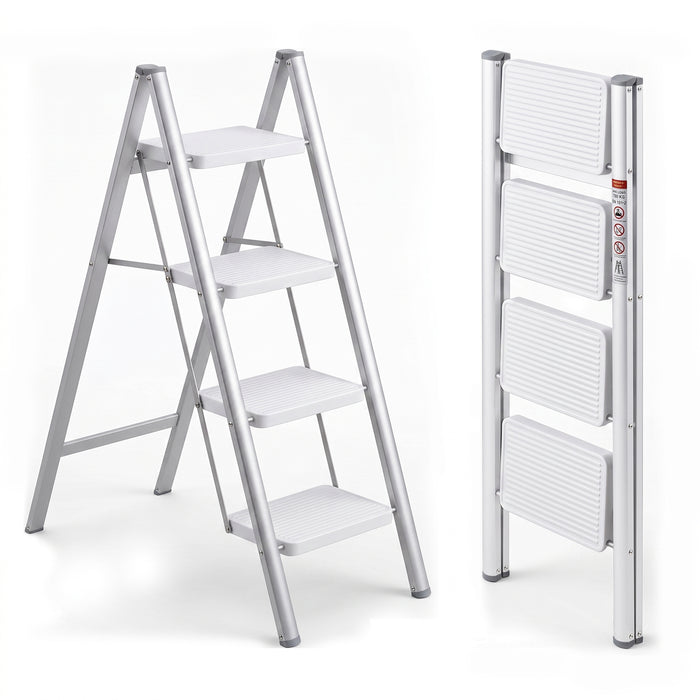 Corvids 4-Step Heavy-Duty Carbon Steel Step Stool, 2-Year Warranty, Anti-Slip Wide Steps, Portable Multipurpose Folding Step Ladder for Home, Kitchen & Office Use (White)
