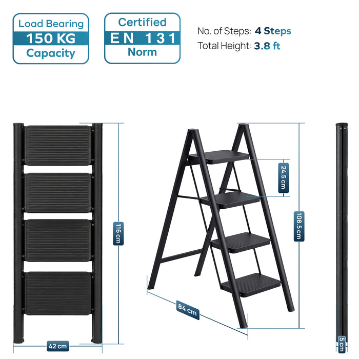 Corvids 4-Step Heavy-Duty Carbon Steel Step Stool, 2-Year Warranty, Anti-Slip Wide Steps, Portable Multipurpose Folding Step Ladder for Home, Kitchen & Office Use (Black )