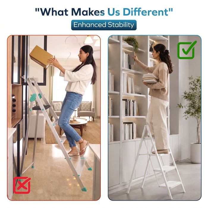 Corvids 4-Step Heavy-Duty Carbon Steel Step Stool, 2-Year Warranty, Anti-Slip Wide Steps, Portable Multipurpose Folding Step Ladder for Home, Kitchen & Office Use (White)