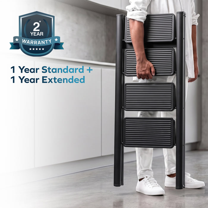 Corvids 4-Step Heavy-Duty Carbon Steel Step Stool, 2-Year Warranty, Anti-Slip Wide Steps, Portable Multipurpose Folding Step Ladder for Home, Kitchen & Office Use (Black )