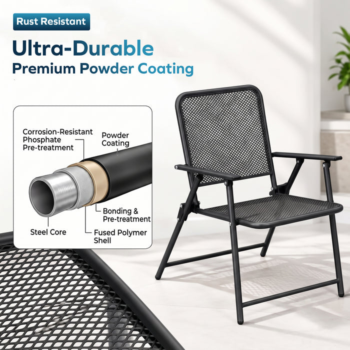 Corvids Foldable Metal Camping Chairs with Armrest (Set of 2)| 120 KG Capacity, Ventilated Mesh Seat & Backrest | Rust-Resistant Portable Chair for Balcony, Garden, Patio & Indoor Use (Black)