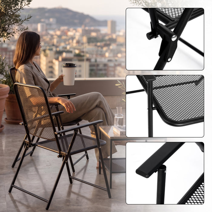 Corvids Foldable Metal Camping Chairs with Armrest (Set of 2)| 120 KG Capacity, Ventilated Mesh Seat & Backrest | Rust-Resistant Portable Chair for Balcony, Garden, Patio & Indoor Use (Black)