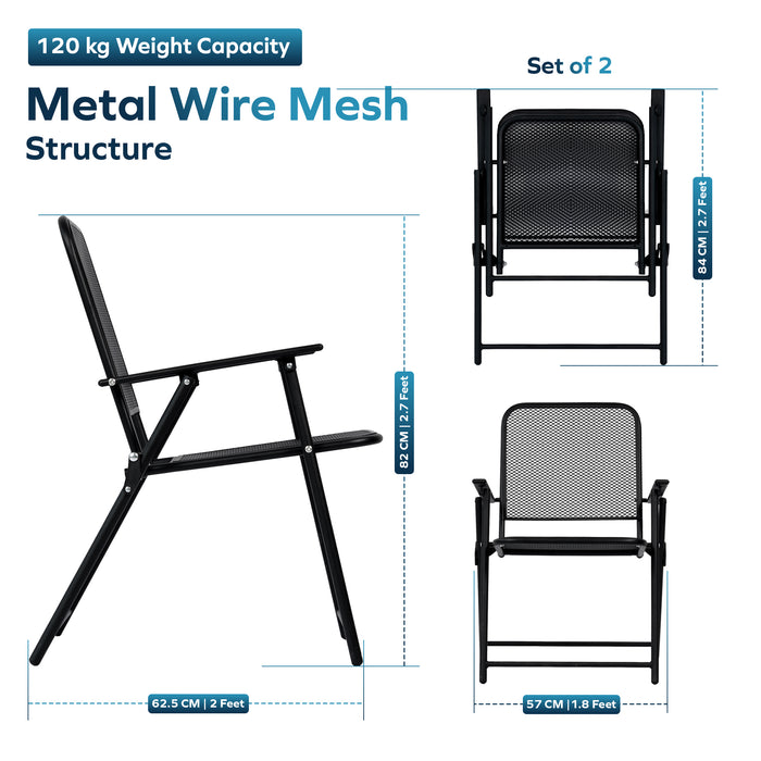 Corvids Foldable Metal Camping Chairs with Armrest (Set of 2)| 120 KG Capacity, Ventilated Mesh Seat & Backrest | Rust-Resistant Portable Chair for Balcony, Garden, Patio & Indoor Use (Black)
