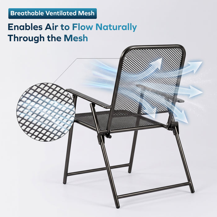 Corvids Foldable Metal Camping Chairs with Armrest (Set of 2)| 120 KG Capacity, Ventilated Mesh Seat & Backrest | Rust-Resistant Portable Chair for Balcony, Garden, Patio & Indoor Use (Black)