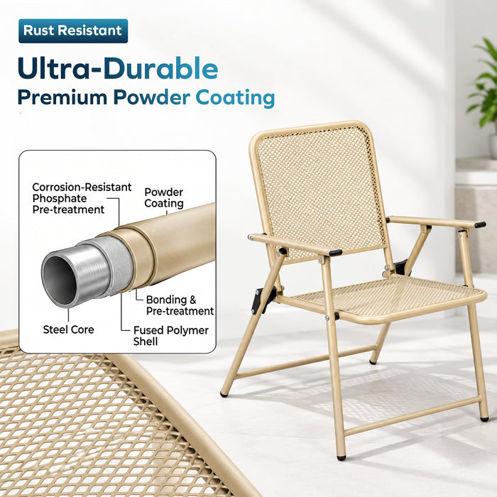 Corvids Foldable Metal Camping Chairs with Armrest (Set of 2)| 120 KG Capacity, Ventilated Mesh Seat & Backrest | Rust-Resistant Portable Chair for Balcony, Garden, Patio & Indoor Use (Khaki)