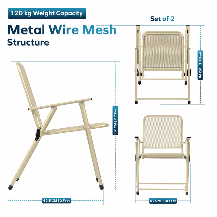 Corvids Foldable Metal Camping Chairs with Armrest (Set of 2)| 120 KG Capacity, Ventilated Mesh Seat & Backrest | Rust-Resistant Portable Chair for Balcony, Garden, Patio & Indoor Use (Khaki)
